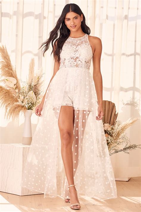 White Lace Bridal Romper Embroidered Romper High Low Romper Lulus