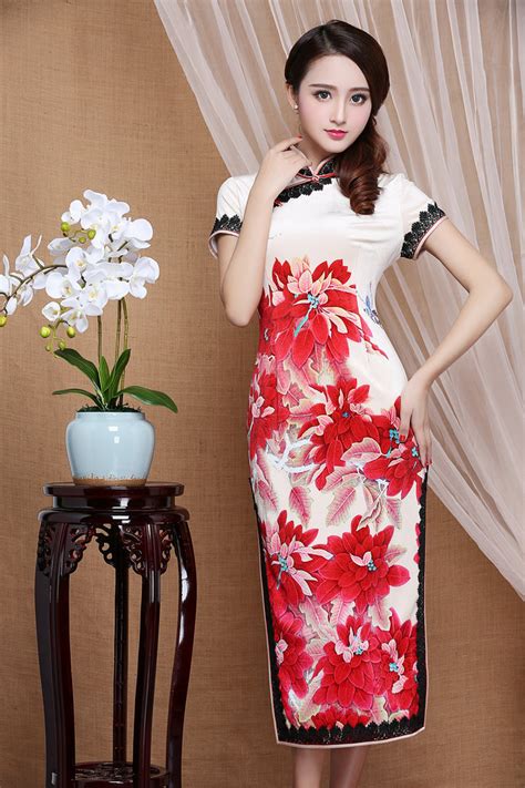 splendid peony flowers velvet qipao cheongsam dress red qipao