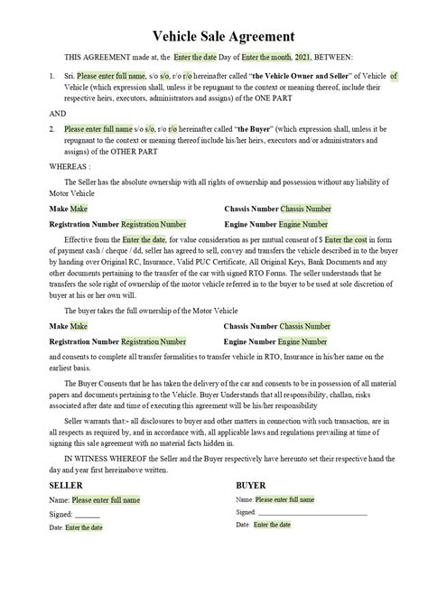 vehicle sale agreement template