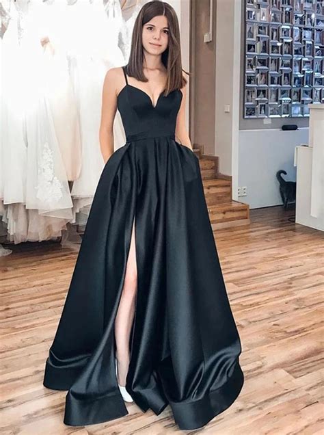 Simple Black Satin Long Prom Dresses Side Slit Elegant
