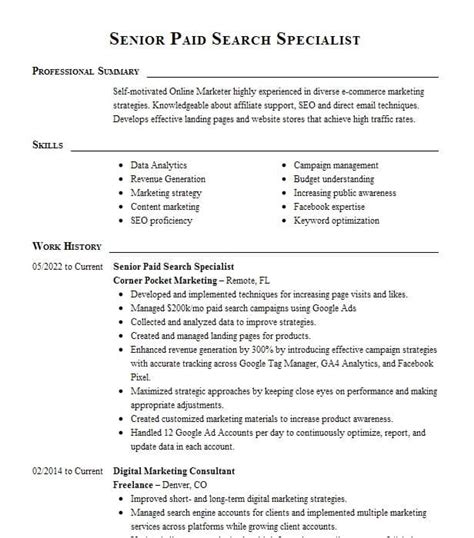 digital marketing paid search specialist resume