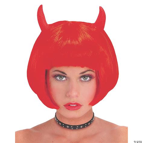 Red Devil Horns Wig Demon Devil Red Head Straight Wig Costume Accessory