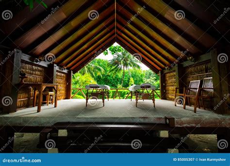spa beds ready  massage  outdoors tropical island stock image