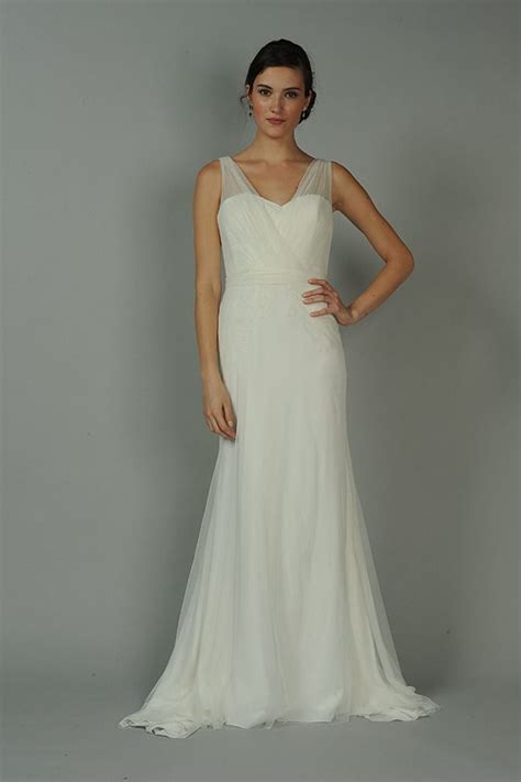 Shirred Tulle V Neck Gown Of Pearl Alencon Lace Bodice And Appliqued