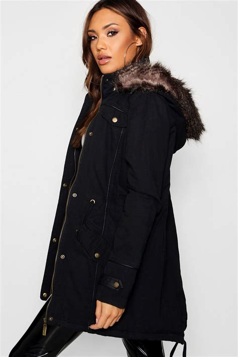 parka  faux fur trim hood boohoo parka coat women womens parka fur hood jacket