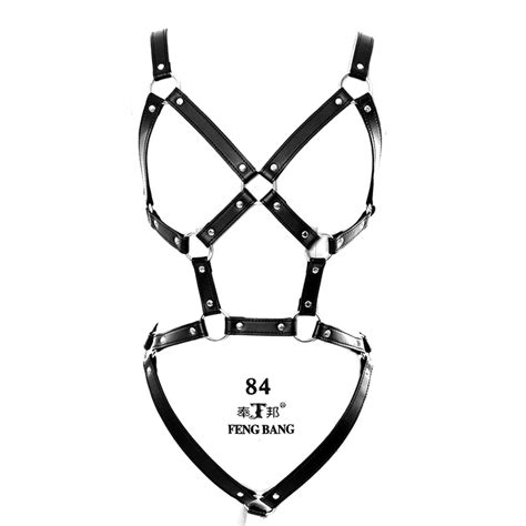 women sexy leather body harness lingerie black full cage bondage set