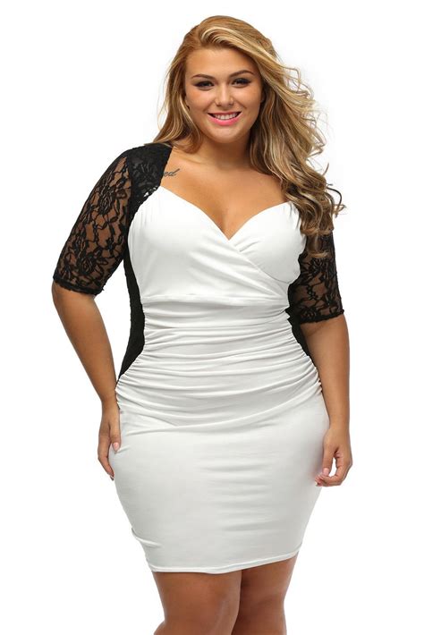 Big N Trendy Stunning Black White Ruched Lace Illusion