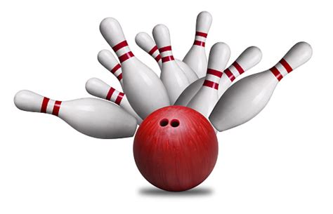 red ball hitting pins in bowling strike isolated on white