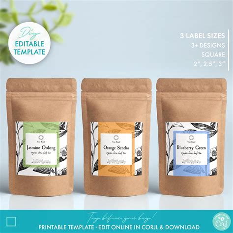 editable tea packaging label template  sizes diy printable tea pouch label design botanical