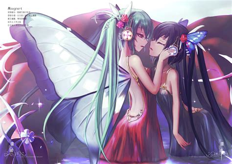 2girls Aqua Hair Butterfly Dress Hatsune Miku Hc Headphones Long Hair