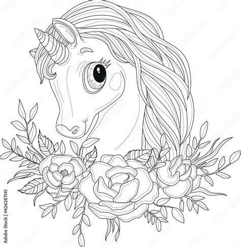 cute  unicorn creature  rose flowers  leafs sketch template