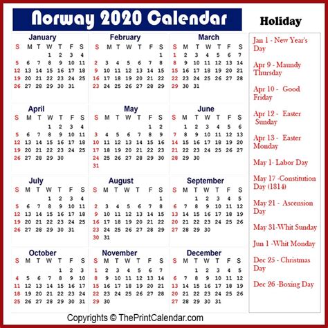calendar  norway norway  yearly printable calendar