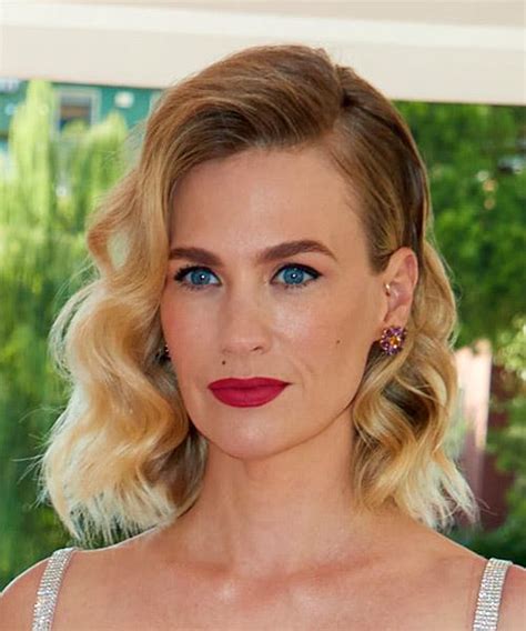 January Jones Medium Wavy Layered Blonde Bob Haircut With Side Swept