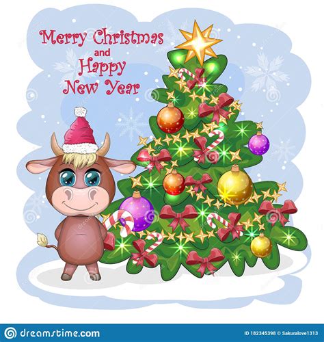 Merry Christmas And Happy New Year Funny Cow In Red Hat