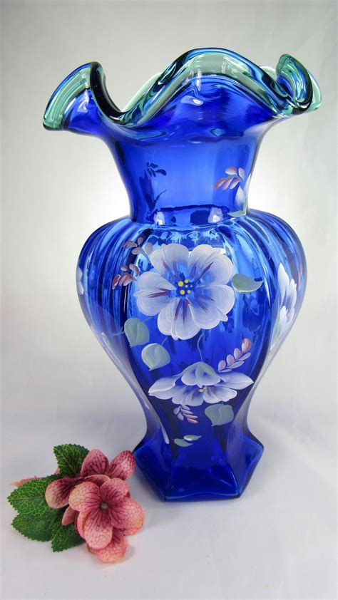 Fenton Vase 75th Anniversary Cobalt Blue With Green Ruffled Etsy