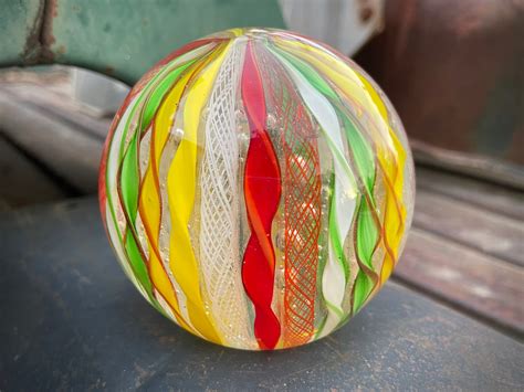 Vintage Latticino Ribbon Art Glass Paperweight Orb Spring Colors