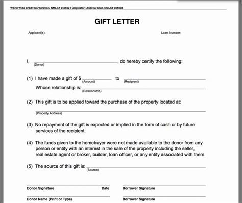 mortgage gift letter template template business