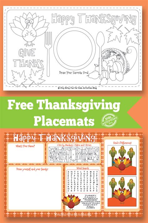printable thanksgiving placemat activity sheets  kids kids