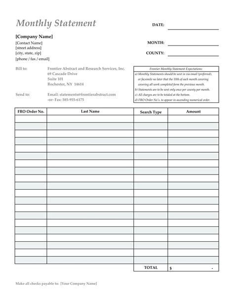 printable rental billing statement template word statement template