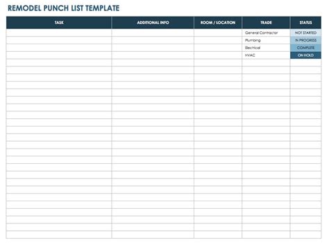 printable punch list template printable templates