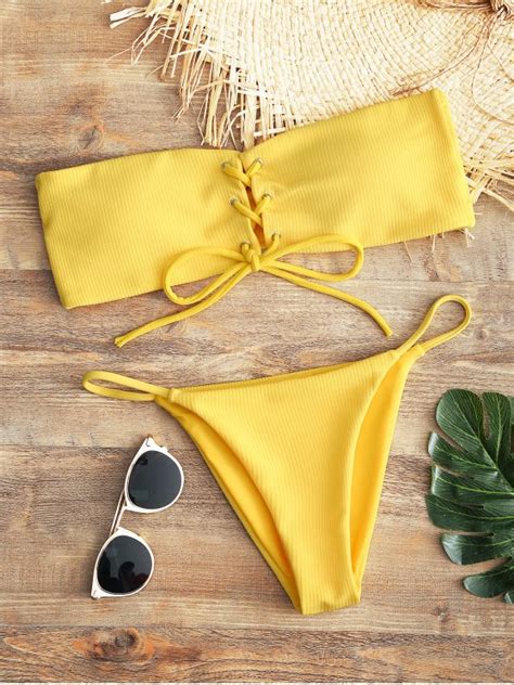 [44 off] 2020 bandeau lace up bikini top and thong bottoms in yellow zaful