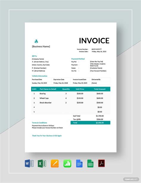 vehicle invoices templates excel format   templatenet