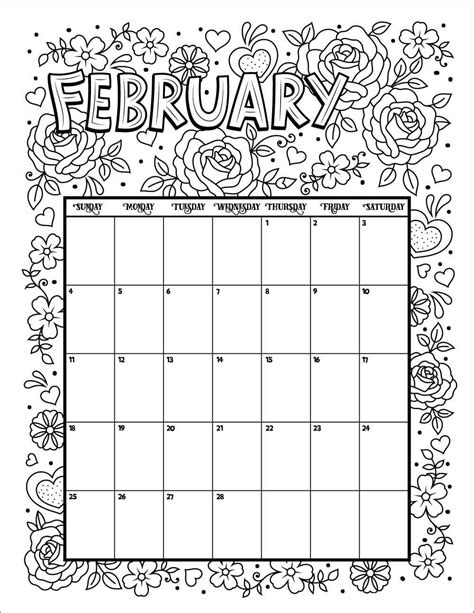 february  calendar coloring pages calender template monthly