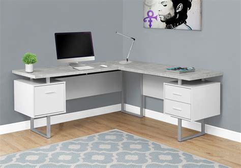 white  cement gray    shaped computer desk    shaped