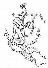 Mermaid Tattoo Colouring Sirene Siren Anchor Meerjungfrau Sirenas Colorear Sirena Sirenen Anclas Bocetos sketch template