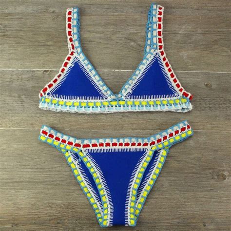 women s bikini hand crocheted knit patchwork swimsuit women swimwear