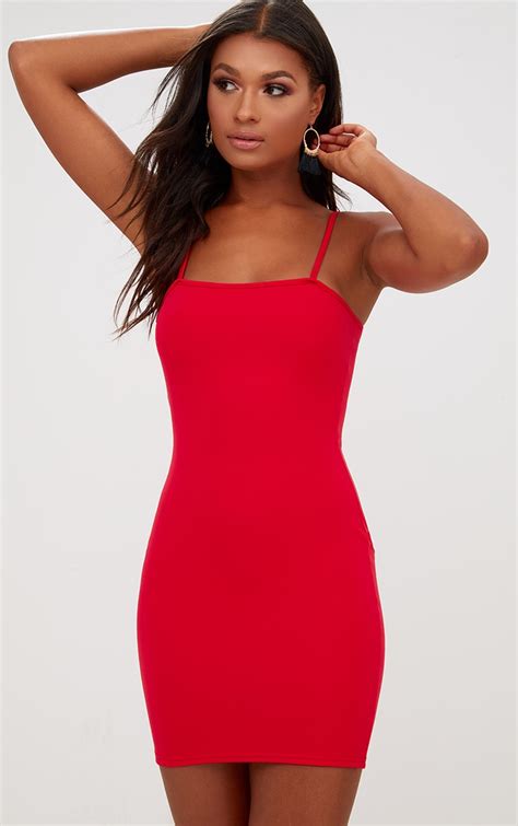 red straight neck bodycon dress dresses prettylittlething