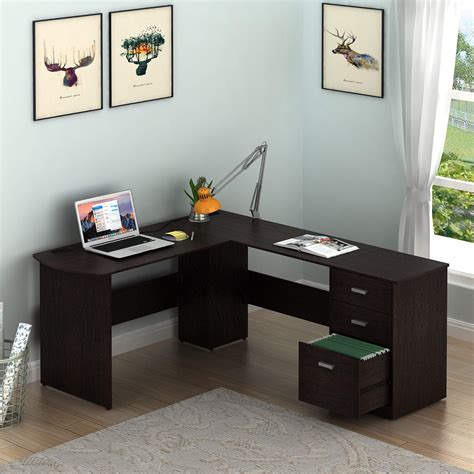 shw  shaped home office wood corner desk   drawers espresso