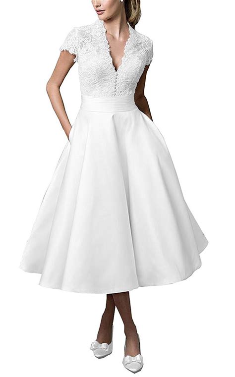 miao duo womens vintage tea length wedding dresses lace cap sleeves cover  sheer   neck