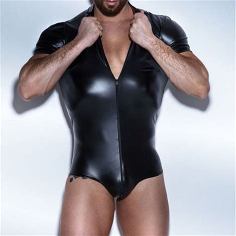 sexy mens undershirts faux leather leotard bodysuit jumpsuit swimwear one piece swimsuit