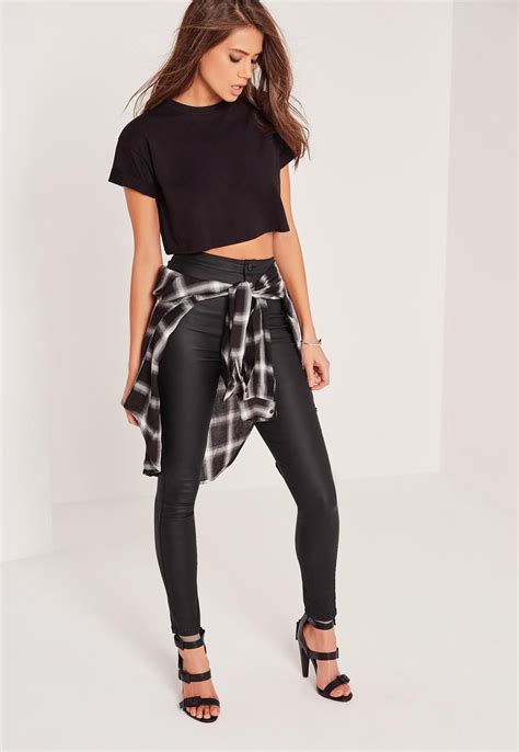 Missguided Vice High Waisted Coated Skinny Jeans Black
