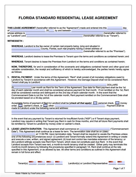 florida standard residential lease agreement template  word
