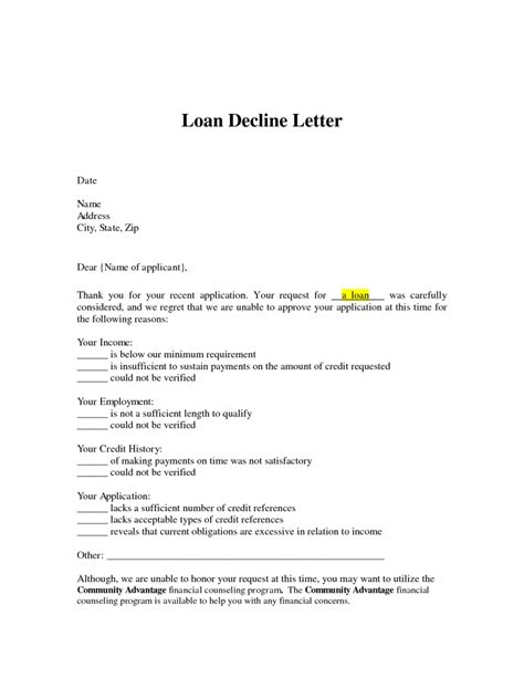 loan application rejection letter samples template business format