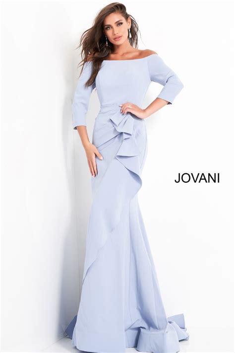 jovani  navy ruched bodice  ruffle dress  shoulder evening dress long sleeve