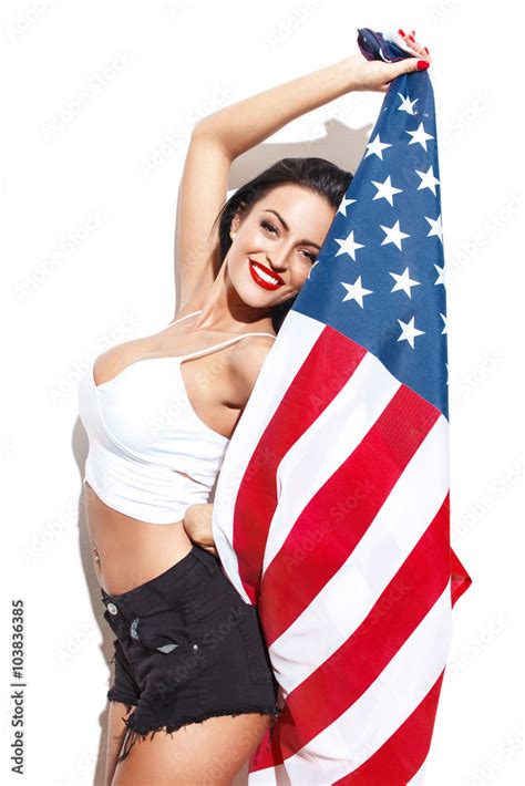 Sexy Woman With Big Tits Holding Usa Flag Stock 写真 Adobe Stock