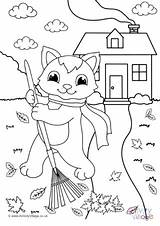 Cat Colouring Autumn Pages Leaves sketch template