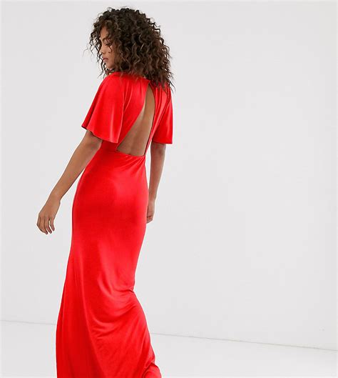 asos design tall lange jurk met fladdermouwen en hoge split zonder achterkant rood tall