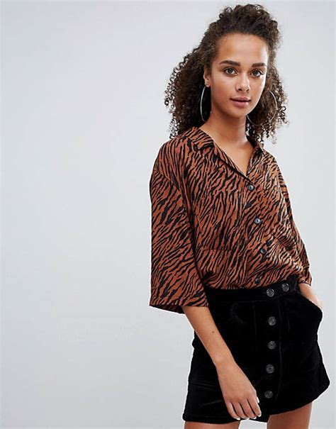 bershka overhemd met  mouw en tijgerprint asos