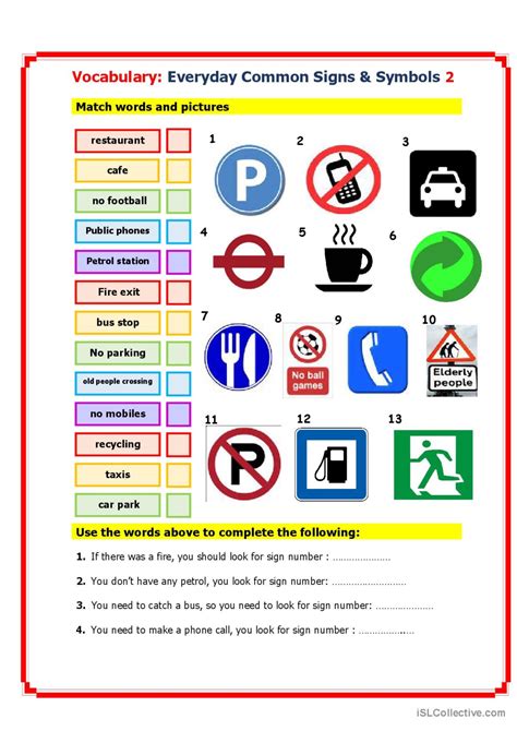 everyday common signs  english esl worksheets