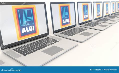 modern laptops  aldi logo computer technology conceptual editorial  rendering editorial