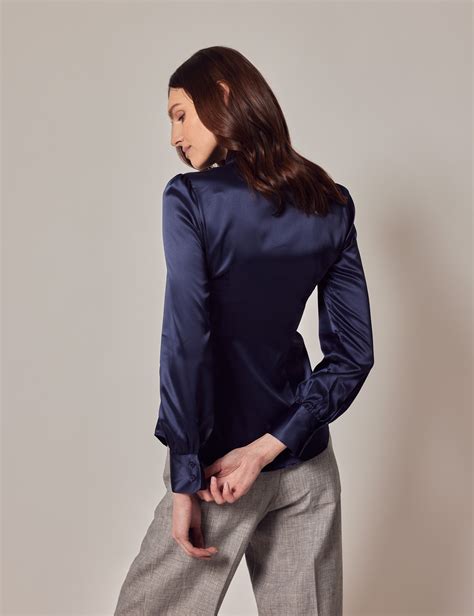 women s navy fitted luxury satin blouse pussy bow hawes and curtis