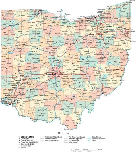 ohio digital vector map  counties major cities roads rivers lakes