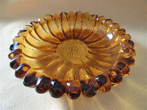 Pressed Glass Ashtray Vintage Round Amber Colored Sun Etsy