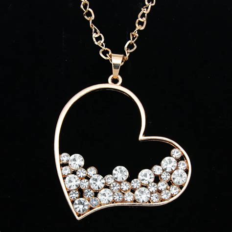 buy gold rhinestone heart pendant long chain necklace pendants  women cute