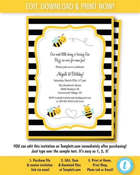 bumble bee invitation bee birthday party invitation digital etsy