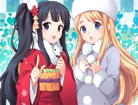 2girls akiyama mio black hair blonde hair blue eyes blush